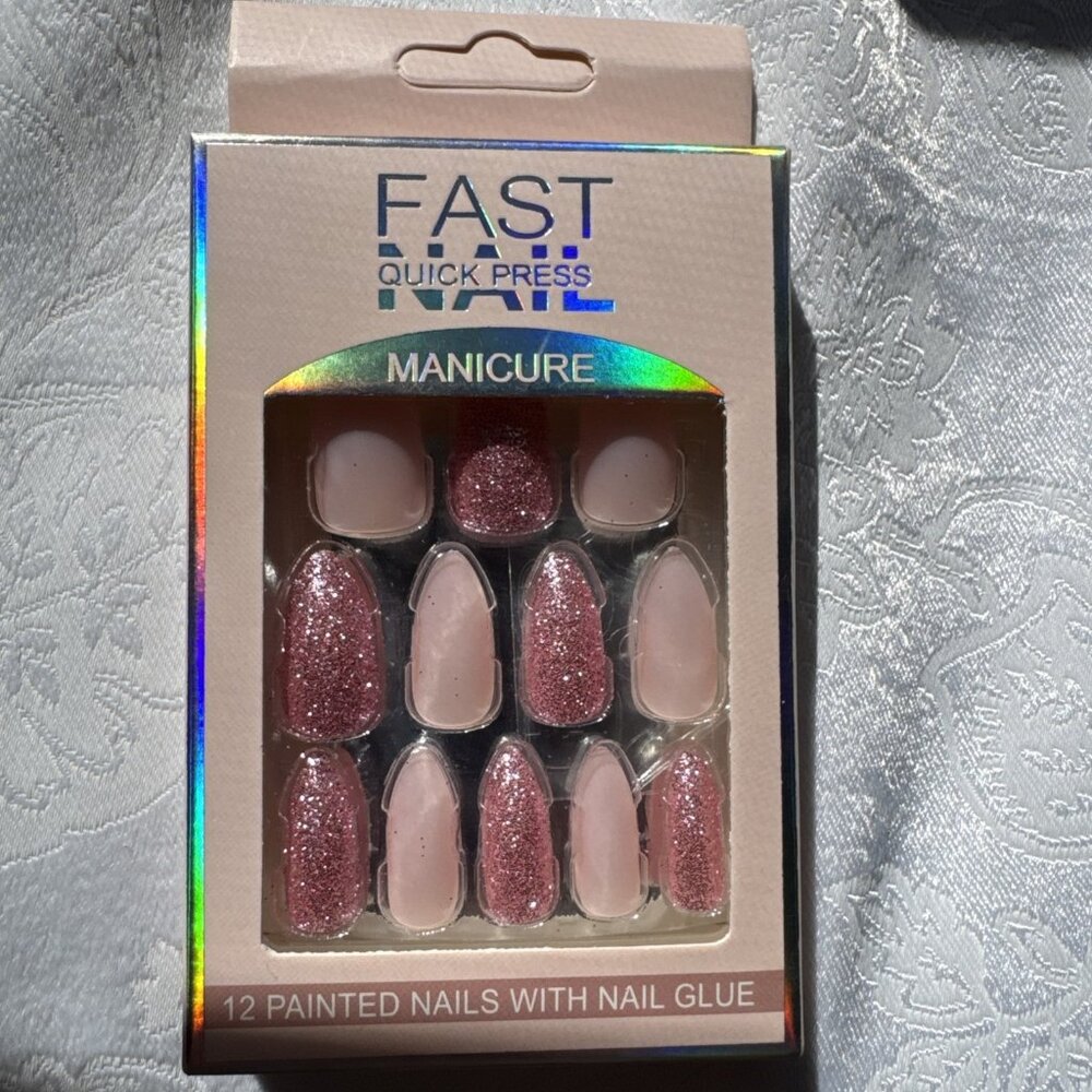 Fast Nail Pink Shimmer One Minute Press‑On Nail Tips w Glue Fast & Easy NEW